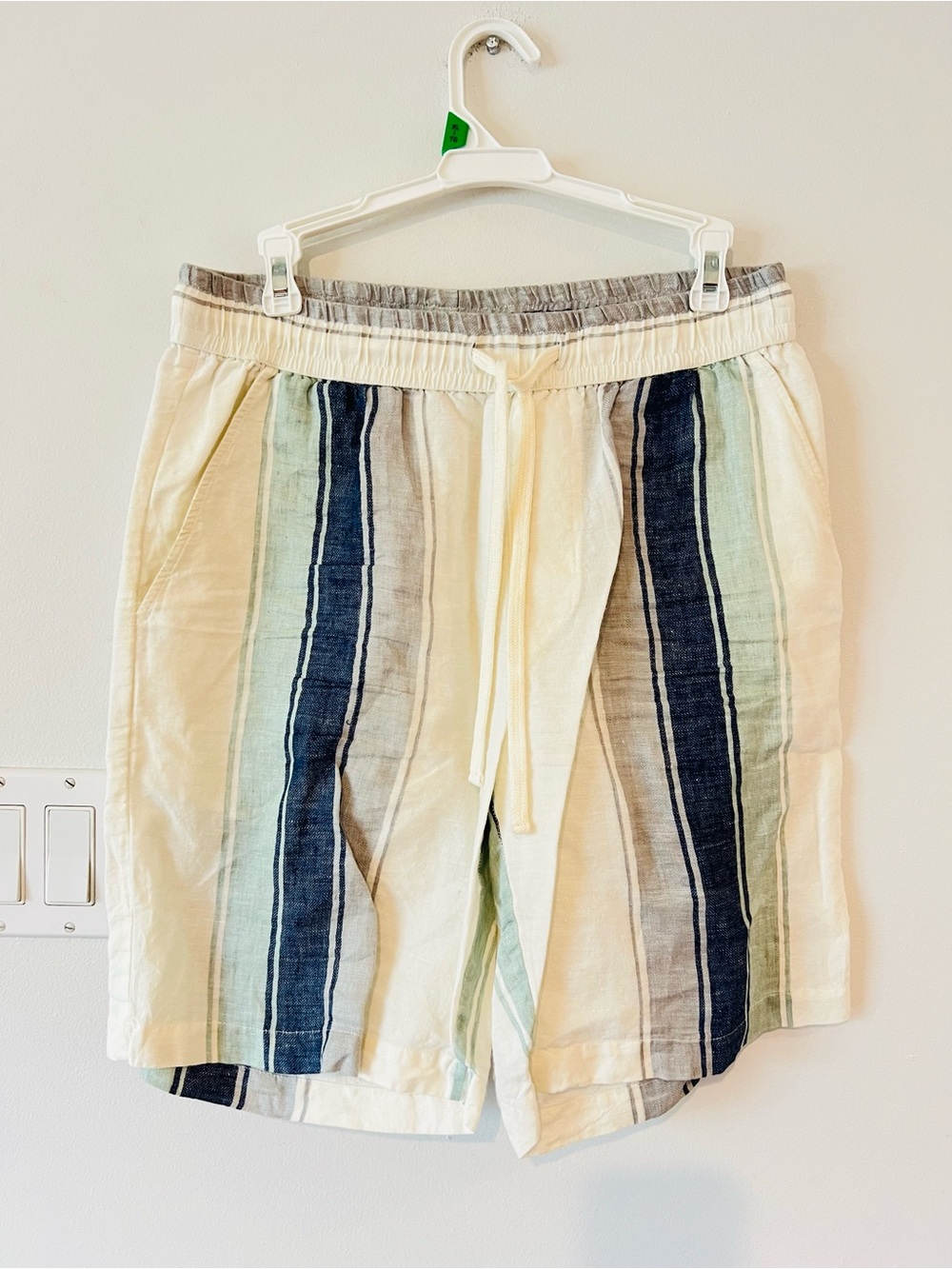 Zara Linen Blend Men's Medium M Cream Blue Grey Striped Drawstring Shorts